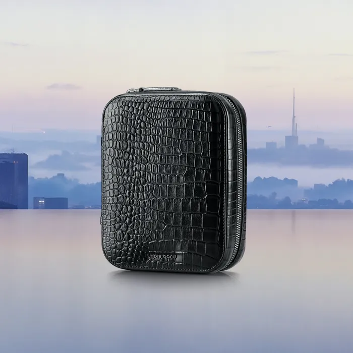 Lapis Bard Mandeville Noir Croc-Textured Watch Case with 4 Slots-Black