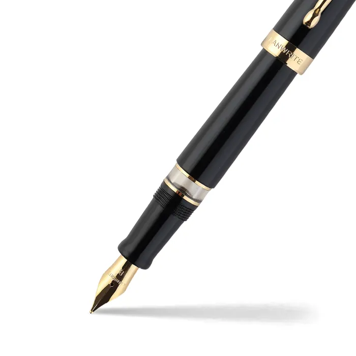 Kanwrite Heritage Solid Black Fountain Pen With Gold Trims - Broad