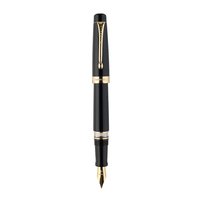 Kanwrite Heritage Solid Black Fountain Pen With Gold Trims - Broad