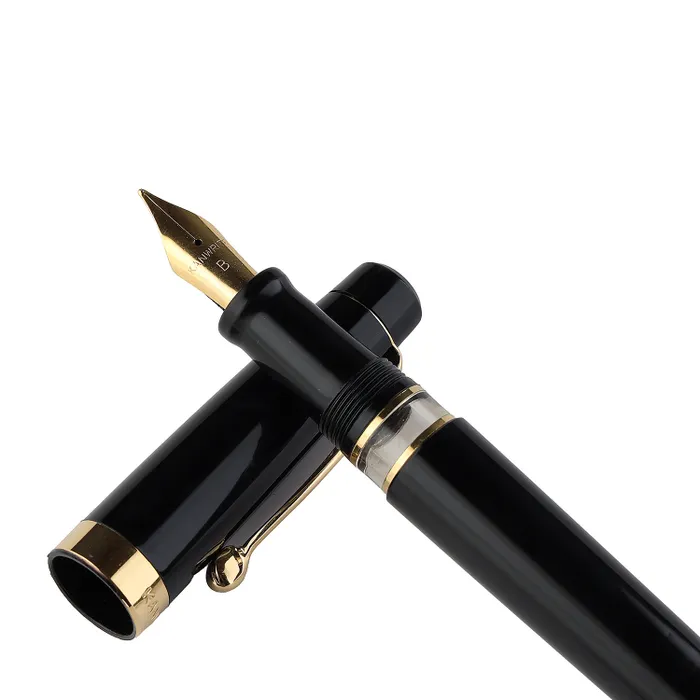 Kanwrite Heritage Solid Black Fountain Pen With Gold Trims - Broad