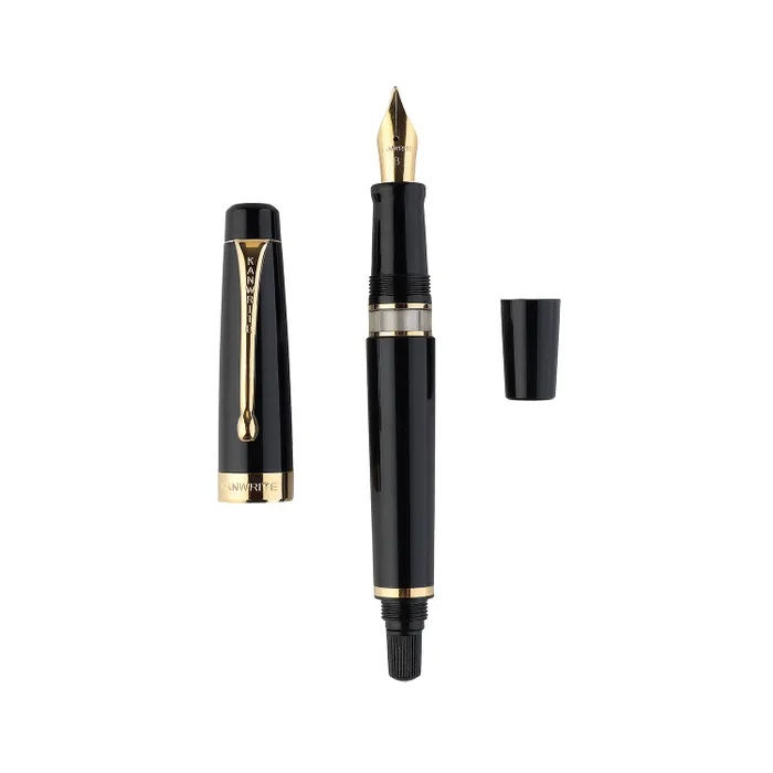 Kanwrite Heritage Solid Black Fountain Pen With Gold Trims - Broad