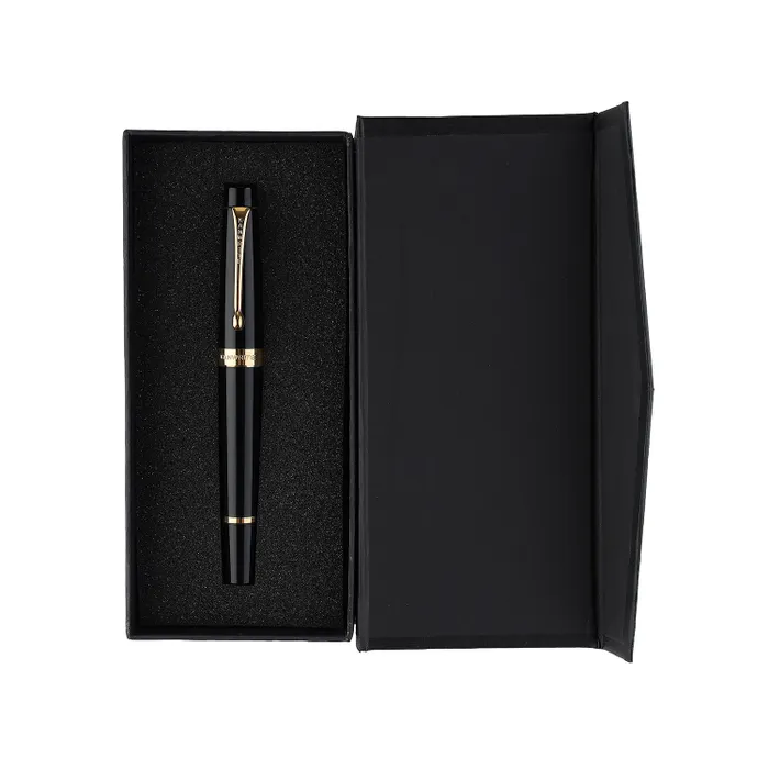 Kanwrite Heritage Solid Black Fountain Pen With Gold Trims - Broad