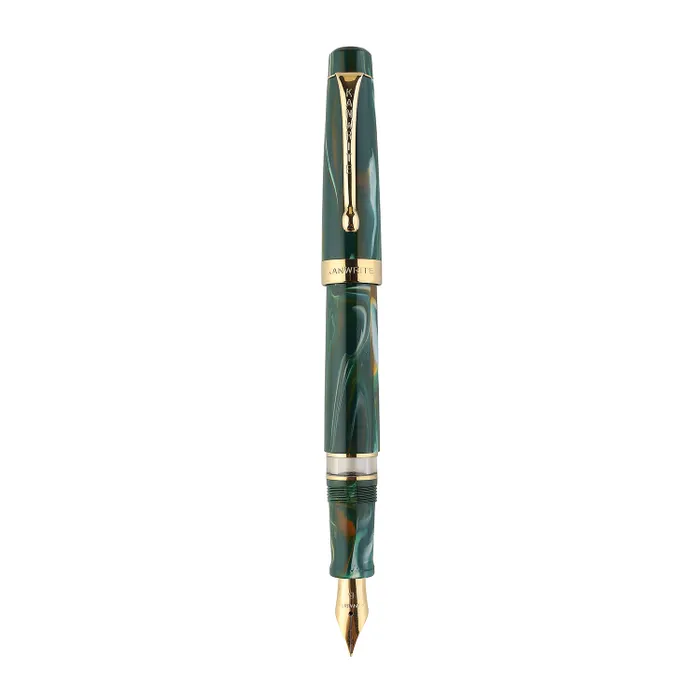Kanwrite Heritage Marble Green Swirl Fountain Pen With Gold Trims - Broad