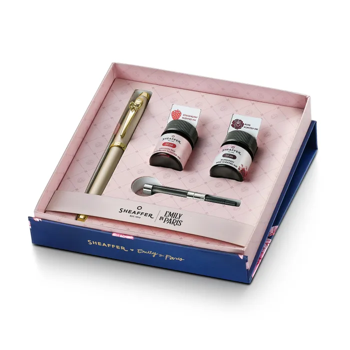 Sheaffer Gift Set 100 Emily in Paris E9377 Champagne Gold Fountain Pen with 2 Ink Vials-Medium