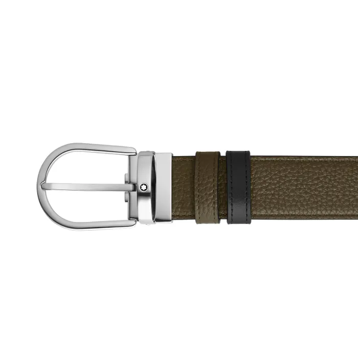 Montblanc Horseshoe Shiny Palladium Coated Reversible Khaki Grain/Black Mst 35Mm Belt