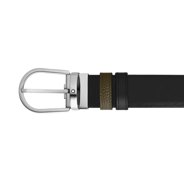 Montblanc Horseshoe Shiny Palladium Coated Reversible Khaki Grain/Black Mst 35Mm Belt
