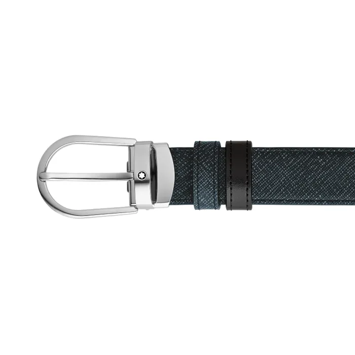 Montblanc Horseshoe Shiny Palladium Coated Reversible Tweed Blue/Black Mst 30Mm Belt