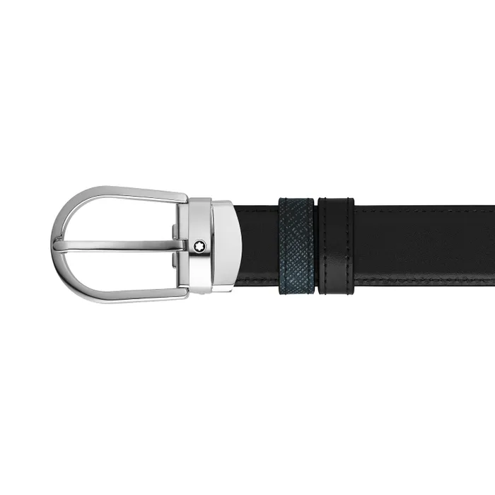 Montblanc Horseshoe Shiny Palladium Coated Reversible Tweed Blue/Black Mst 30Mm Belt