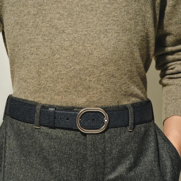 Montblanc Horseshoe Shiny Palladium Coated Reversible Tweed Blue/Black Mst 30Mm Belt