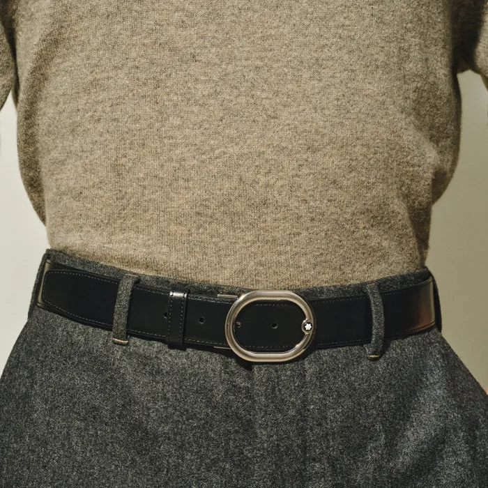 Montblanc Horseshoe Shiny Palladium Coated Reversible Tweed Blue/Black Mst 30Mm Belt