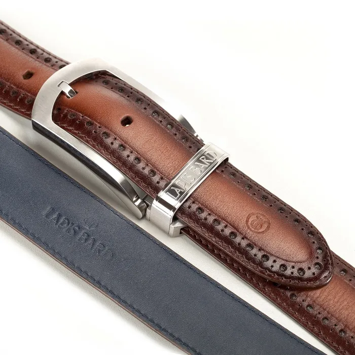 Lapis Bard Ducorium Southwark Belt 35mm Palladium Plated Buckle with Brogue on Two tone Leather Strap - Cognac