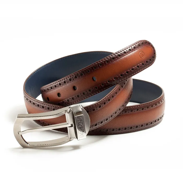Lapis Bard Ducorium Southwark Belt 35mm Palladium Plated Buckle with Brogue on Two tone Leather Strap - Cognac