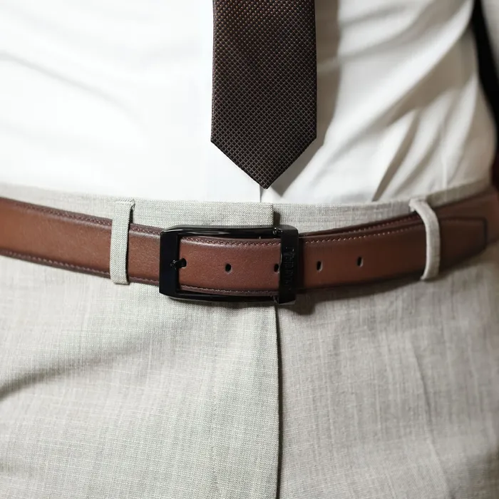 Lapis Bard Avant Garde Knightsbridge Belt IP Matt Black 35mm Buckle with Leather Strap - Cinnamon brown