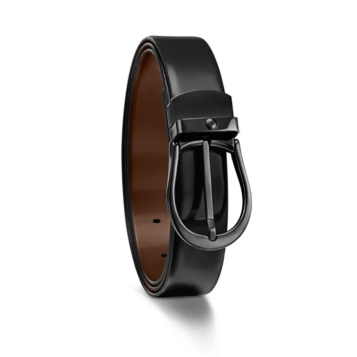Lapis Bard Sullivan Belt Shiny Black 30mm Buckle with Leather reversible Strap - Black & Brown