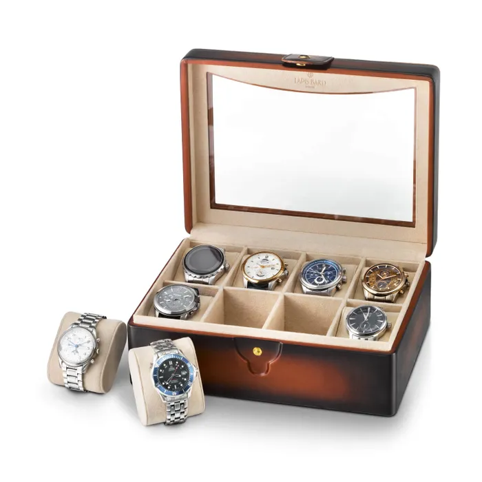 Lapis Bard Conrad Dual-Tone Watch Case with Plexiglass Top (8 Watch Capacity) - Cognac