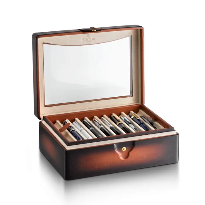 Lapis Bard Hemingway Dual-Tone Pen Chest with Plexiglas Top (20 Pen Capacity) - Cognac