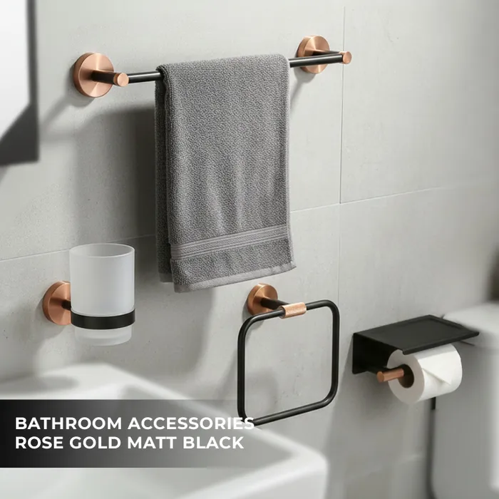 Towel Ring, Tumbler Holder, Paper Holder And Towel Rod Bachelor Bathroom Set Rose Gold Matt Black