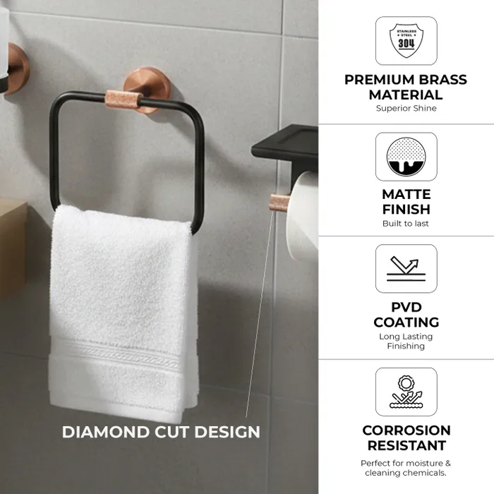 Towel Ring, Tumbler Holder, Paper Holder And Towel Rod Bachelor Bathroom Set Rose Gold Matt Black
