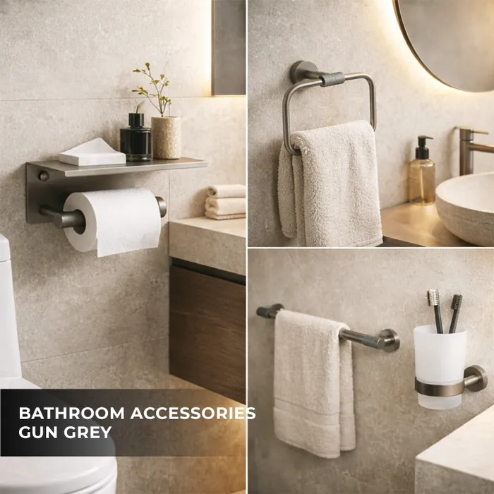 Towel Ring, Tumbler Holder, Paper Holder And Towel Rod Bachelor Bathroom Set Gun Grey