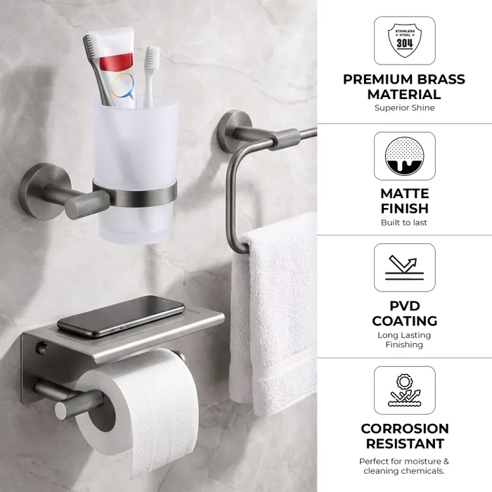 Towel Ring, Tumbler Holder, Paper Holder And Towel Rod Bachelor Bathroom Set Gun Grey