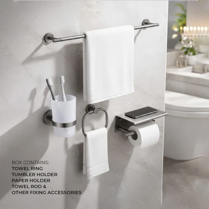 Towel Ring, Tumbler Holder, Paper Holder And Towel Rod Bachelor Bathroom Set Gun Grey