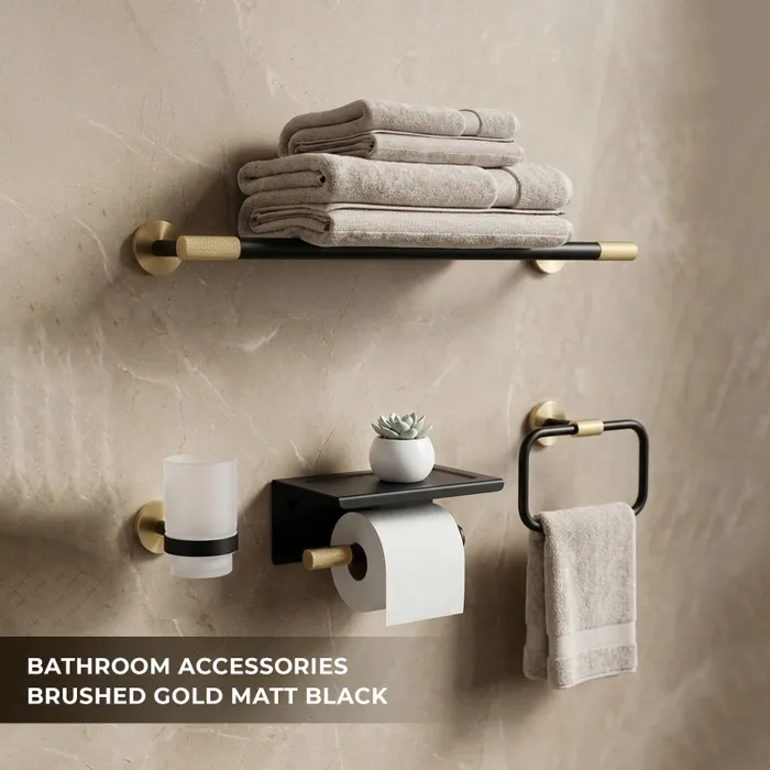 Towel Ring, Tumbler Holder, Paper Holder And Towel Rod Bachelor Bathroom Set Brushed Gold Matt Black