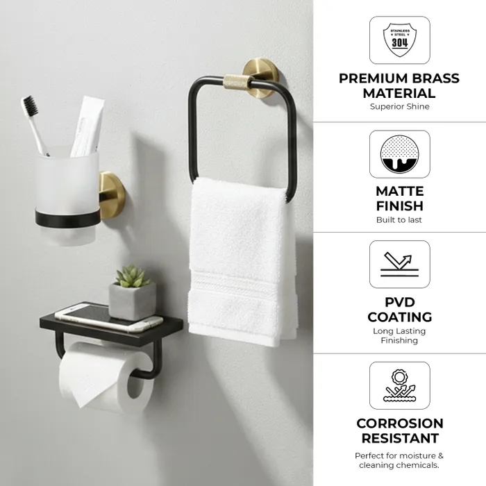 Towel Ring, Tumbler Holder, Paper Holder And Towel Rod Bachelor Bathroom Set Brushed Gold Matt Black