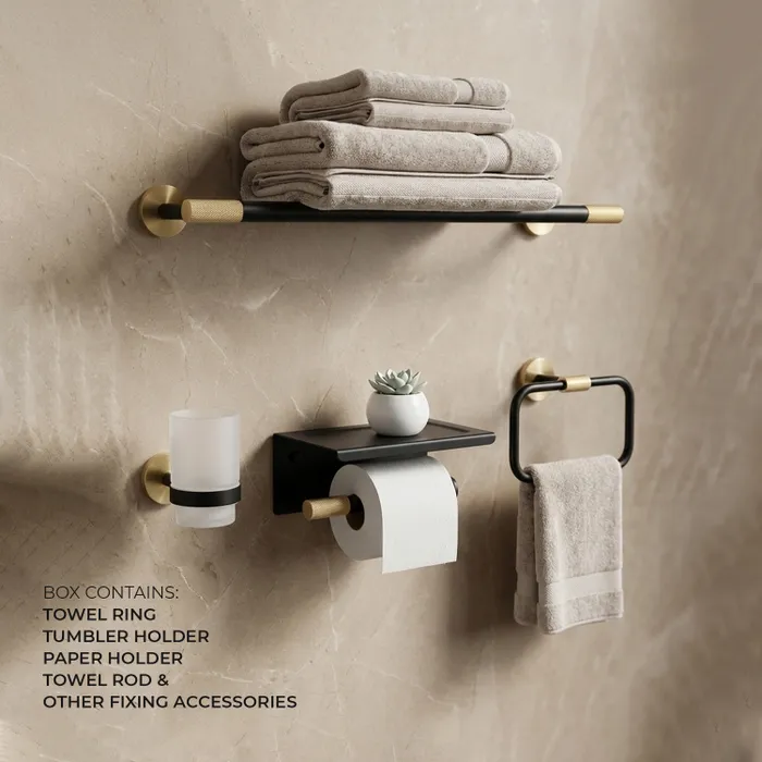 Towel Ring, Tumbler Holder, Paper Holder And Towel Rod Bachelor Bathroom Set Brushed Gold Matt Black