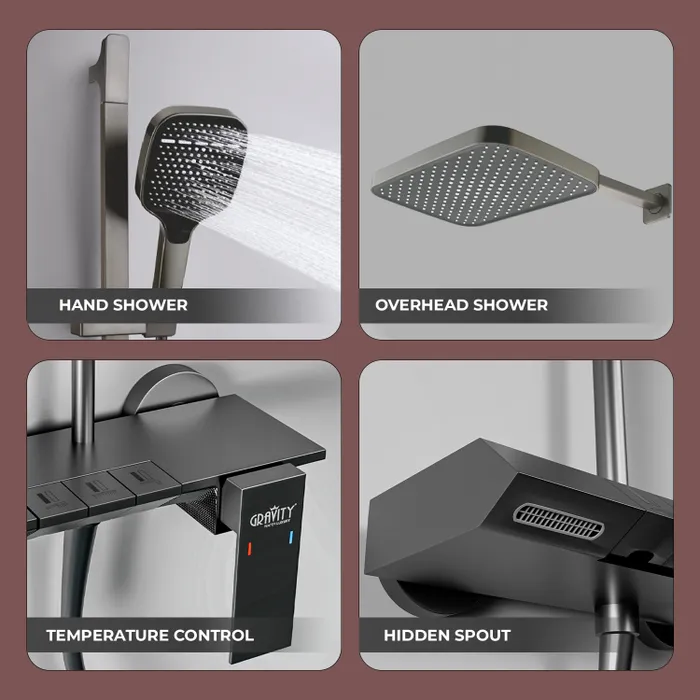 Harmony Pendle Wall Hot And Cold Mixer Telephonic 3 Outlet Brass Faucet/Sink Tap - Grey