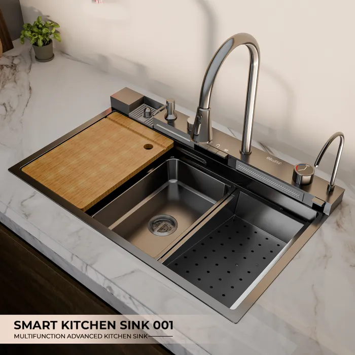 Gravity Bath Black Smart Kitchen Sink | 31x19 inches | Digital Display, Pull-Out Faucet & Integrated RO Tap | 304-Grade Stainless Steel Single Bowl Sink | Chopping Board Included | Multi-Functional Sink