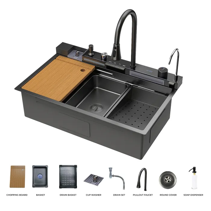 Gravity Bath Black Smart Kitchen Sink | 31x19 inches | Digital Display, Pull-Out Faucet & Integrated RO Tap | 304-Grade Stainless Steel Single Bowl Sink | Chopping Board Included | Multi-Functional Sink