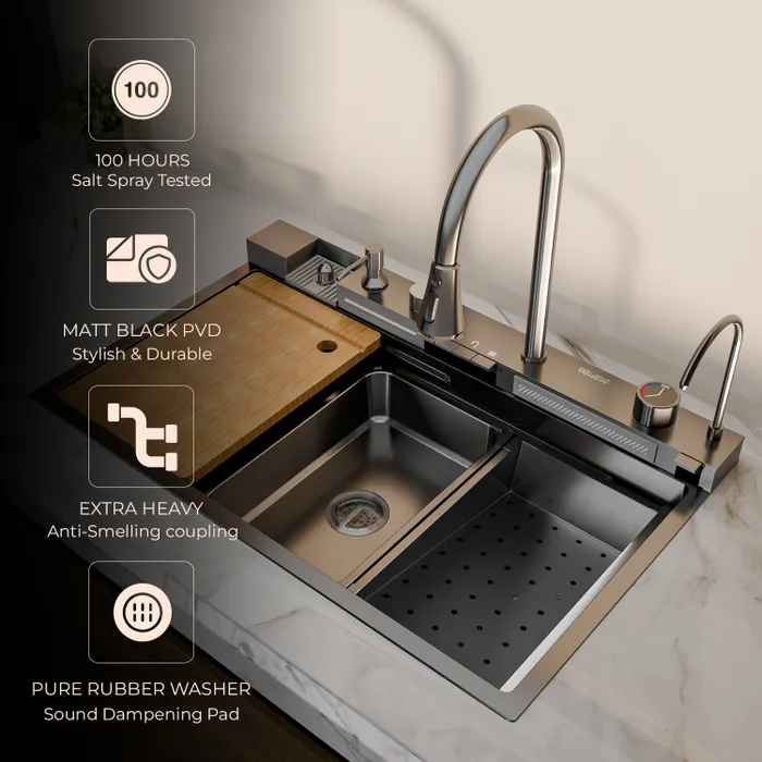 Gravity Bath Black Smart Kitchen Sink | 31x19 inches | Digital Display, Pull-Out Faucet & Integrated RO Tap | 304-Grade Stainless Steel Single Bowl Sink | Chopping Board Included | Multi-Functional Sink