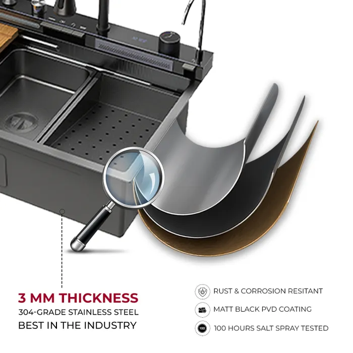 Gravity Bath Black Smart Kitchen Sink | 30 x 19 inches | Digital Display, Pull-Out Faucet & Integrated RO Tap | 304-Grade Stainless Steel Single Bowl Sink | Chopping Board Included | Multi-Functional Sink