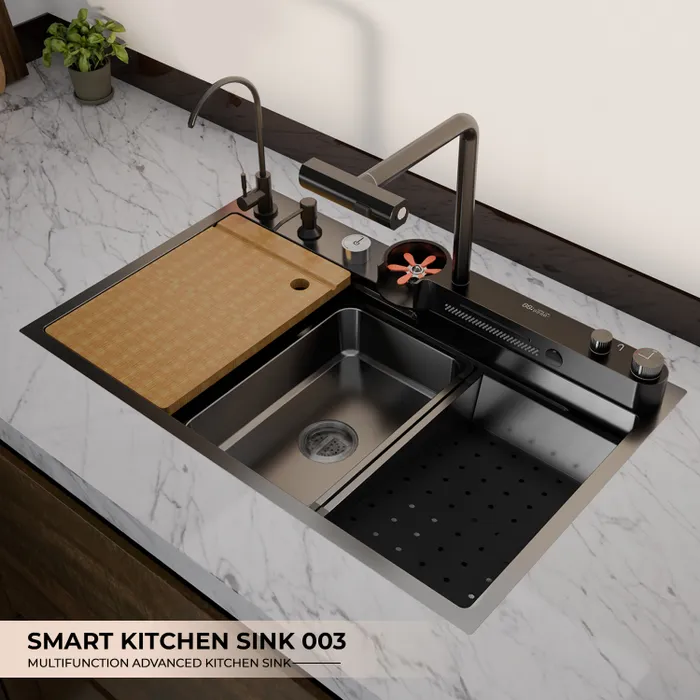 Gravity Bath Black Smart Kitchen Sink | 31x19 inches | Digital Display, Pull-Out Faucet & Integrated RO Tap | 304-Grade Stainless Steel Single Bowl Sink | Automatic Glass Washer| Multi-Functional Sink
