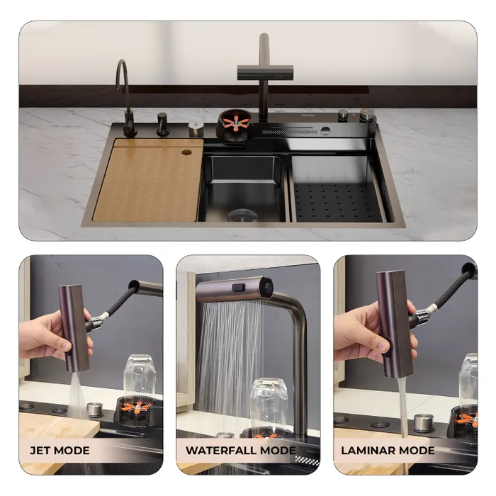 Gravity Bath Black Smart Kitchen Sink | 31x19 inches | Digital Display, Pull-Out Faucet & Integrated RO Tap | 304-Grade Stainless Steel Single Bowl Sink | Automatic Glass Washer| Multi-Functional Sink