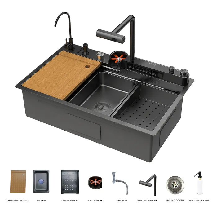Gravity Bath Black Smart Kitchen Sink | 31x19 inches | Digital Display, Pull-Out Faucet & Integrated RO Tap | 304-Grade Stainless Steel Single Bowl Sink | Automatic Glass Washer| Multi-Functional Sink