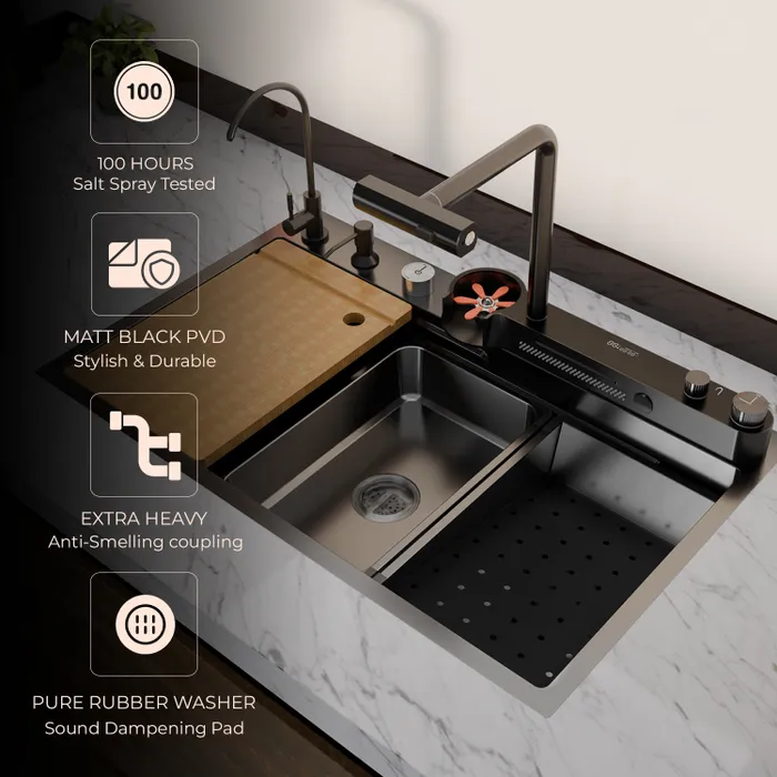 Gravity Bath Black Smart Kitchen Sink | 31x19 inches | Digital Display, Pull-Out Faucet & Integrated RO Tap | 304-Grade Stainless Steel Single Bowl Sink | Automatic Glass Washer| Multi-Functional Sink