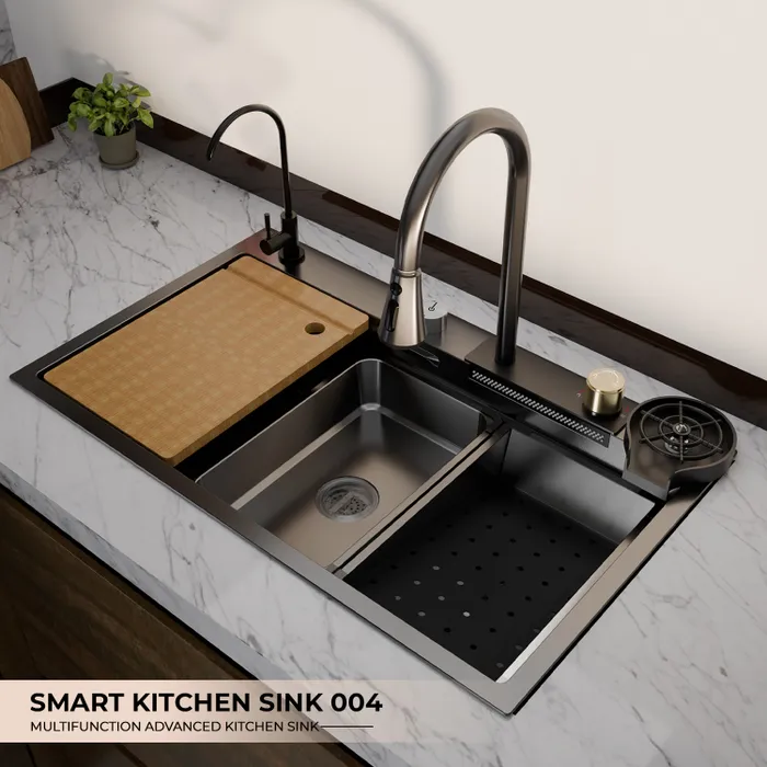 Gravity Bath Black Smart Kitchen Sink | 31x19 inches | Digital Display, Pull-Out Faucet & Integrated RO Tap | 304-Grade Stainless Steel Single Bowl Sink | Automatic Glass Washer| Multi-Functional Sink