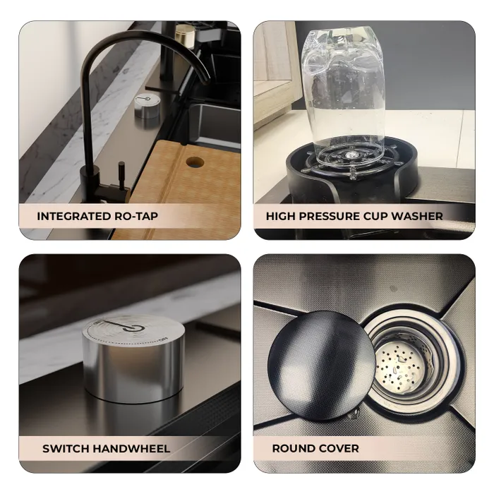 Gravity Bath Black Smart Kitchen Sink | 31x19 inches | Digital Display, Pull-Out Faucet & Integrated RO Tap | 304-Grade Stainless Steel Single Bowl Sink | Automatic Glass Washer| Multi-Functional Sink