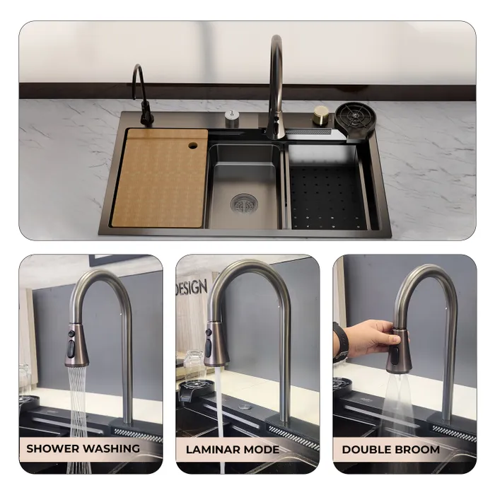 Gravity Bath Black Smart Kitchen Sink | 31x19 inches | Digital Display, Pull-Out Faucet & Integrated RO Tap | 304-Grade Stainless Steel Single Bowl Sink | Automatic Glass Washer| Multi-Functional Sink