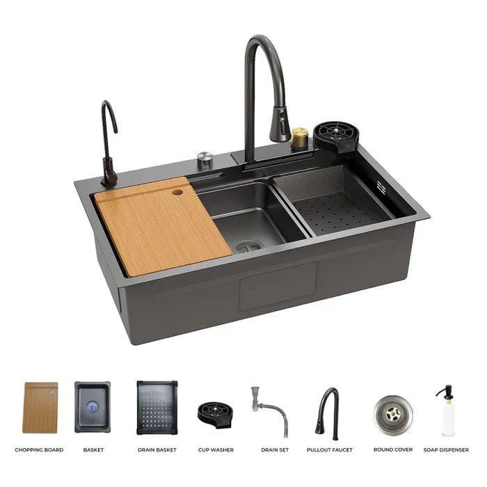 Gravity Bath Black Smart Kitchen Sink | 31x19 inches | Digital Display, Pull-Out Faucet & Integrated RO Tap | 304-Grade Stainless Steel Single Bowl Sink | Automatic Glass Washer| Multi-Functional Sink