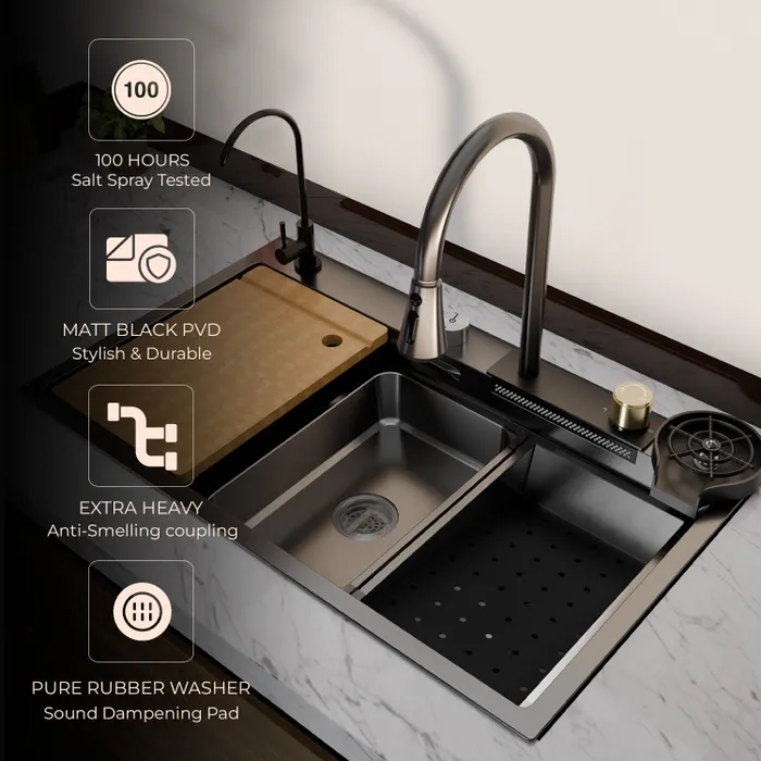 Gravity Bath Black Smart Kitchen Sink | 31x19 inches | Digital Display, Pull-Out Faucet & Integrated RO Tap | 304-Grade Stainless Steel Single Bowl Sink | Automatic Glass Washer| Multi-Functional Sink