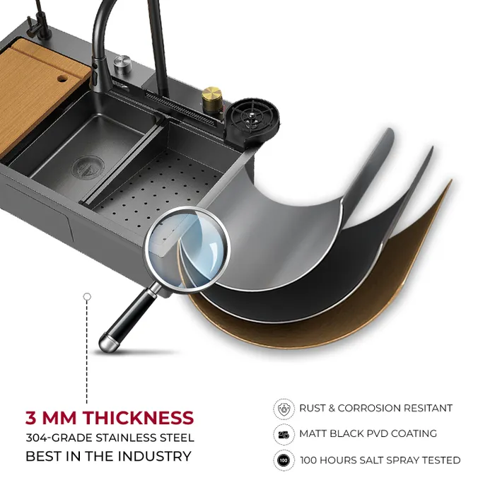 Gravity Bath Black Smart Kitchen Sink | 31x19 inches | Digital Display, Pull-Out Faucet & Integrated RO Tap | 304-Grade Stainless Steel Single Bowl Sink | Automatic Glass Washer| Multi-Functional Sink
