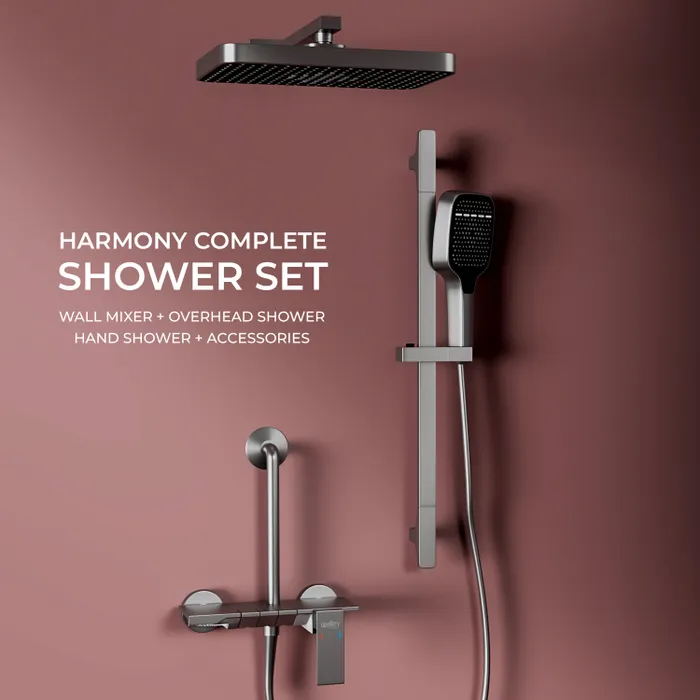 Harmony Pendle Wall Hot And Cold Mixer Telephonic 3 Outlet Brass Faucet/Sink Tap - Grey