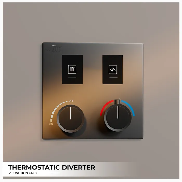 Gravity Bath 2-Function Thermostatic Diverter â Grey Finish | Brass Body | Child Lock | 760Ã560 mm| Anti-Scald Safety | Dual Inlet & Outlet | Flush-Mount Design