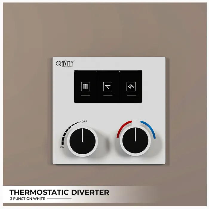 Gravity Bath 3-Function Thermostatic Diverter â White Finish | Brass Body| Child Lock | 760Ã560 mm| Anti-Scald Safety | Dual Inlet & Outlet | Flush-Mount Design