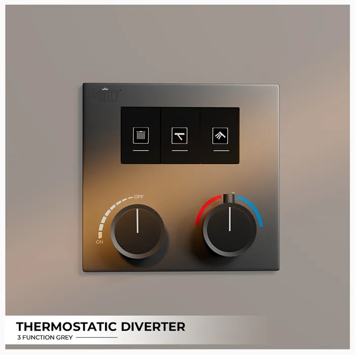 Gravity Bath 3-Function Thermostatic Diverter â Grey Finish | Brass Body| Child Lock | 760Ã560 mm | Anti-Scald Safety | Dual Inlet & Outlet | Flush-Mount Design
