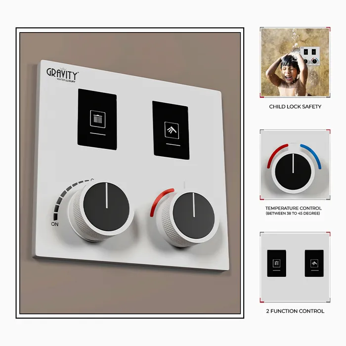 Gravity Bath 2-Function Smart Thermostatic Diverter â white | Brass Body | Child Lock | 760Ã560 mm| Anti-Scald Safety | Dual Inlet & Outlet | Flush-Mount Design