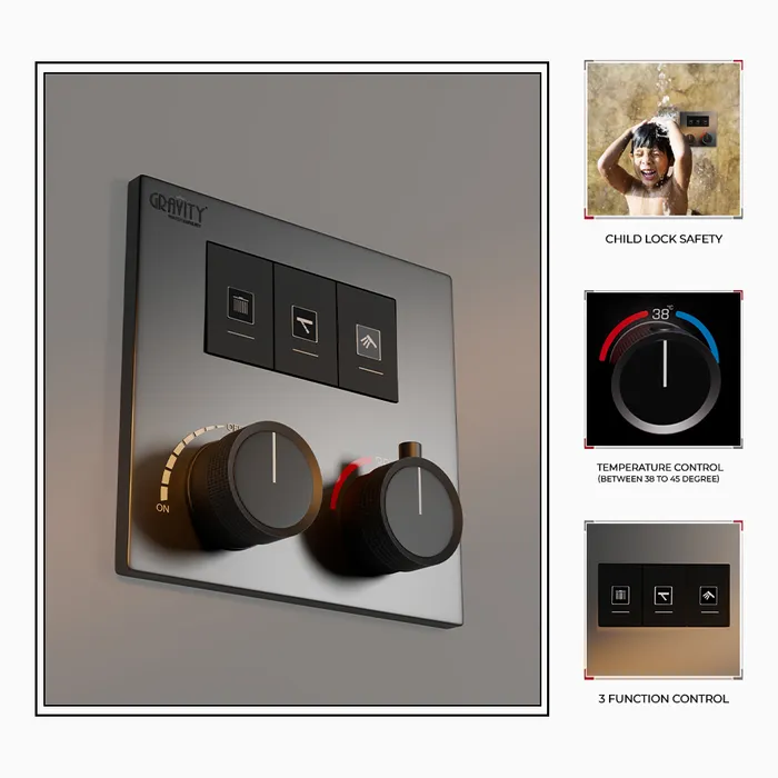 Gravity Bath 3-Function Thermostatic Diverter â Grey Finish | Brass Body| Child Lock | 760Ã560 mm | Anti-Scald Safety | Dual Inlet & Outlet | Flush-Mount Design