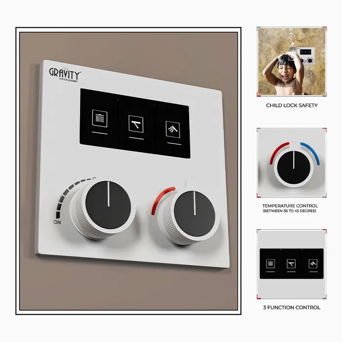 Gravity Bath 3-Function Thermostatic Diverter â White Finish | Brass Body| Child Lock | 760Ã560 mm| Anti-Scald Safety | Dual Inlet & Outlet | Flush-Mount Design